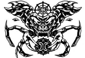 An angry crab with an angry unnatural face its claws scary with a zodiac symbol prominent tattoo idea