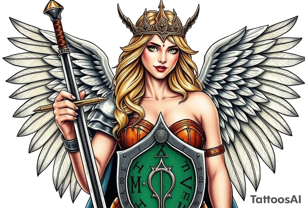 blonde valkyrie -- full sword -- shield with runes -- image should show entire body of the valkyrie from head to feet -- she should have large breasts and beautiful  -- hyper realistic, should look like a real person -- both wings -- full color -- mythical -- classic painting -- winged tiara -- green shield -- sly smile -- more real tattoo idea