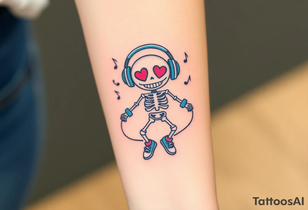 Cute smiley skeleton with heart shape eyes  jumping on a jump rope with both hands blue headphones blue armbands blue sneakers and colorful  music notes around his head tattoo idea