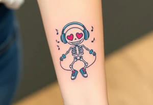 Cute smiley skeleton with heart shape eyes  jumping on a jump rope with both hands blue headphones blue armbands blue sneakers and colorful  music notes around his head tattoo idea