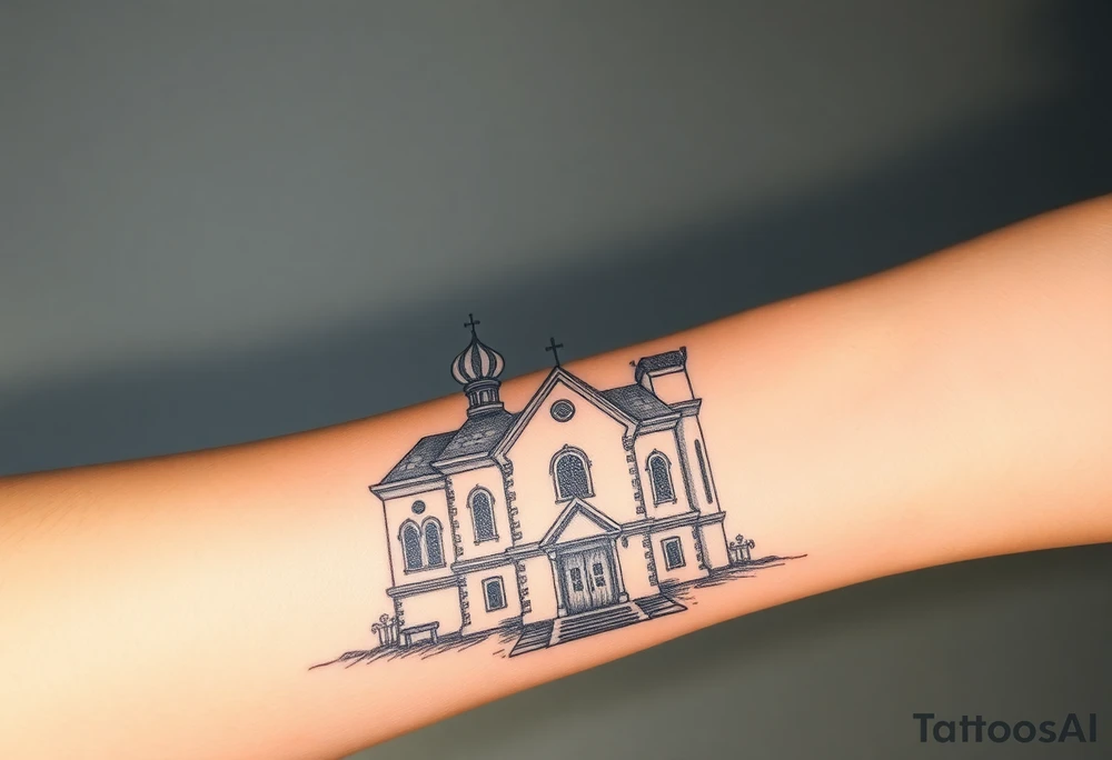 in a dorsal view a detailed medium sized country style russian orthodox church with onion domes and a band at the front with mist shrouding the top and fading into a virgin mary overlooking above at the top tattoo idea