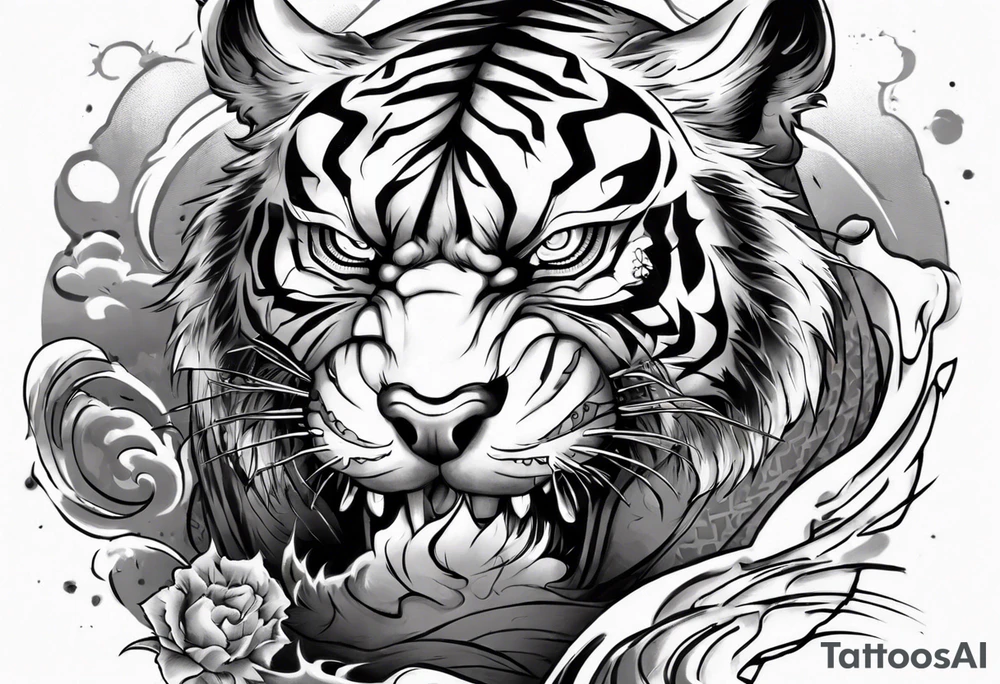 Tiger warrior with lightning and the sun for a forearm sleeve tattoo idea