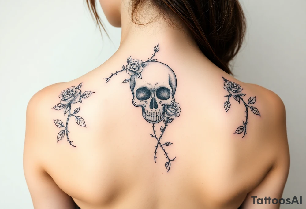 gothic skull intertwined with climbing roses and thorny vines tattoo idea