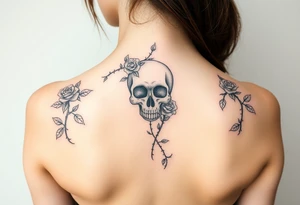 gothic skull intertwined with climbing roses and thorny vines tattoo idea