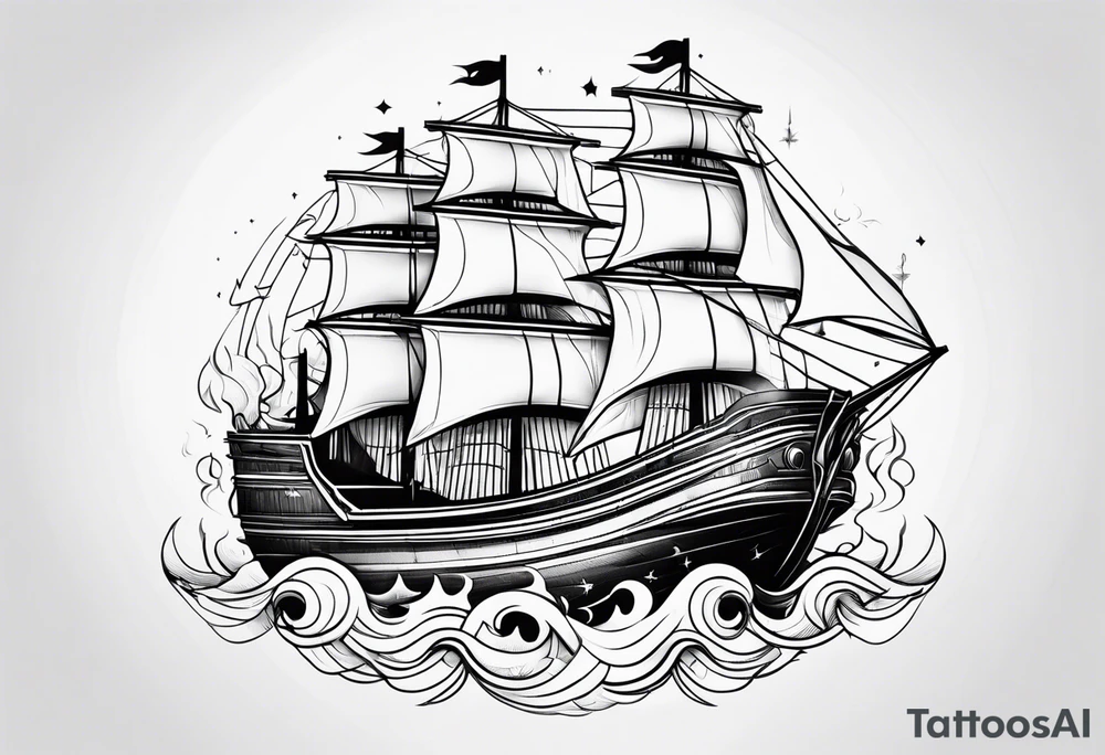 a geometric and very abstract ship on fire tattoo idea