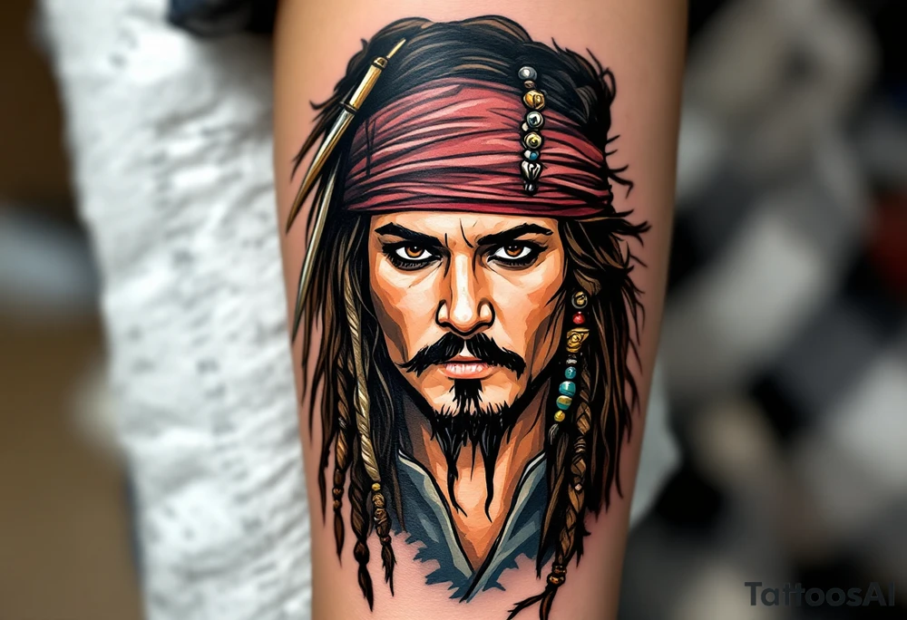 A dramatic portrait of Jack Sparrow with his signature wild hair and beaded braids. His face is full of personality, with his dark brown eyes and iconic mustache, all framed by a shadowy ocean background. Deep brown for hair, black and gray for the details, tan for the skin, with subtle hints of sea green and golden highlights. tattoo idea