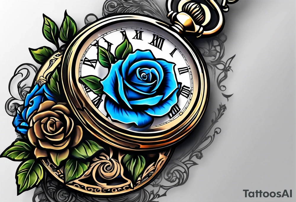 Pocket watch with blue roses tattoo idea