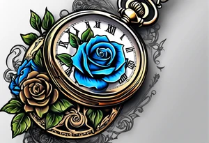 Pocket watch with blue roses tattoo idea