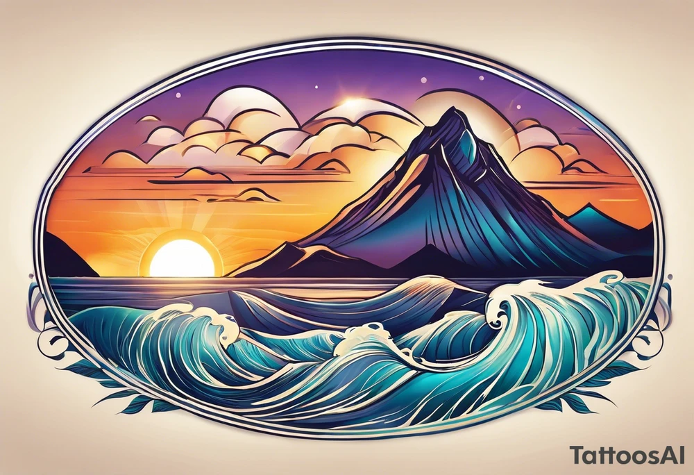 The letters "Pura Vida" forming the gentle curves of ocean waves, with the "i" in "Vida" extending into a mountain peak. The sun could be subtly incorporated above the letters. It creates a harmonious blend of nature and the phrase. What do you envision? tattoo idea