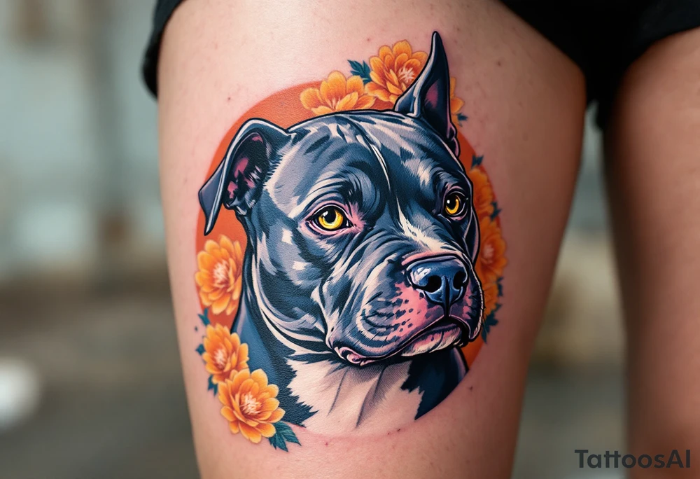 Neo-Traditional Staffordshire Bull Terrier – Bold and colorful with exaggerated features: blue-gray coat, golden eyes, and a background of stylized orange chrysanthemums. tattoo idea