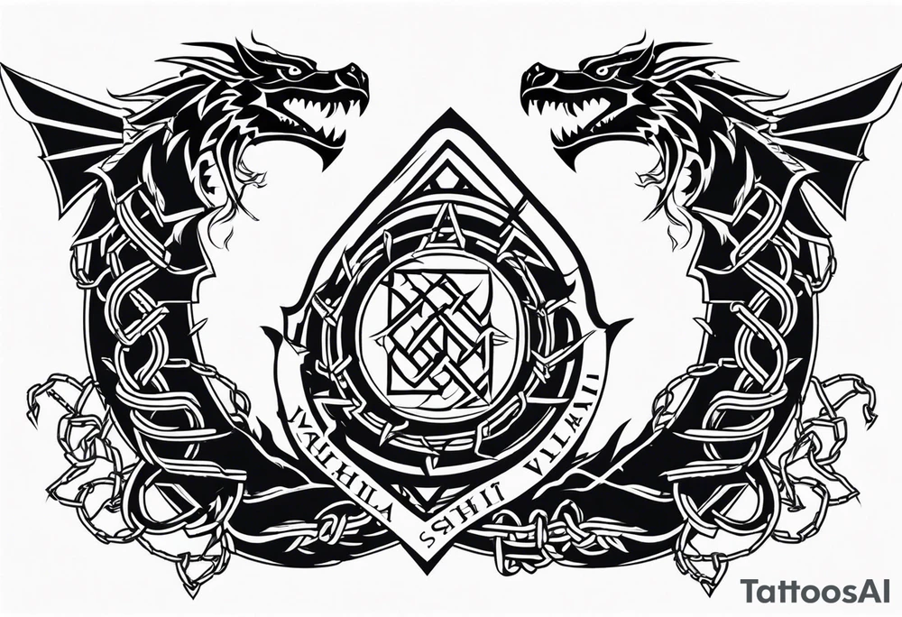 Valhalla sword shield dragon axe Valknut barbed wire chains fire tattoo idea Valhalla sword shield dragon axe Valknut barbed wire chains fire tattoo idea