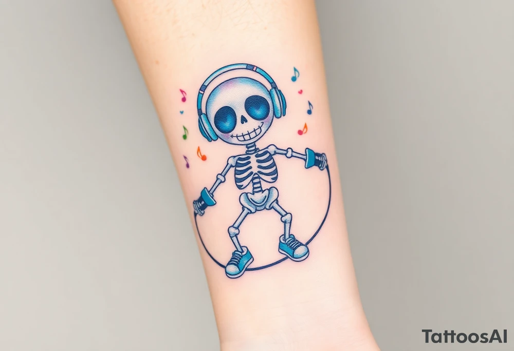 Cute smiley skeleton with heart shape eyes  jumping on a jump rope with both hands blue headphones blue armbands blue sneakers and colorful  music notes around his head tattoo idea
