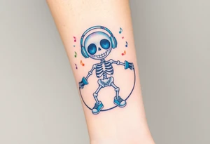 Cute smiley skeleton with heart shape eyes  jumping on a jump rope with both hands blue headphones blue armbands blue sneakers and colorful  music notes around his head tattoo idea