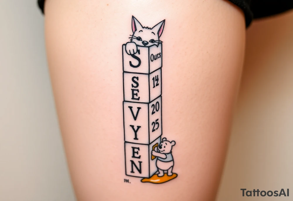 a thigh tattoo with alphabet blocks going down vertically but on the alphabet blocks, the name S E V Y N is alternated on the sides of all five blocks and 07/14/25 is alternated on the other sides of the blocks as well and on the top of the blocks Marie from the Aristocats peeking up looking showing her eyes, her bow on her head and her front pause and then on the bottom block then Winnie the Pooh standing on the ground, reaching up on the block for the honey that’s spilling off the side and on the left side not on the blocks to say 6 ounces 12 pounds 20 inches all lined up in a column going vertically starting with the 6 ounces 12 pounds and 20 inches in that order and then on the right side, not touching the blocks to say 3:51 AM. tattoo idea