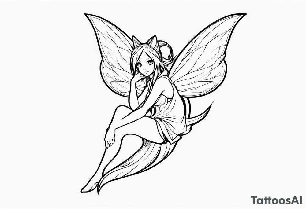 No color sketch of a fairy with a tail inspired by the guild symbol in the anime show called Fairy Tail in a fetal position leaning in and forward while crawled in tattoo idea