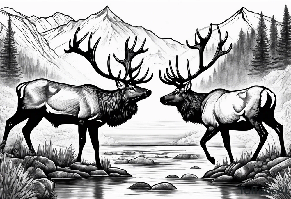 two elk fighting with mountains and stream in background tattoo idea two elk fighting with mountains and stream in background tattoo idea