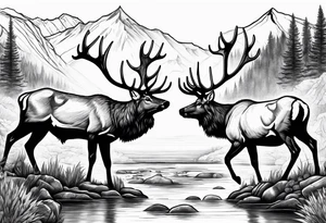 two elk fighting with mountains and stream in background tattoo idea