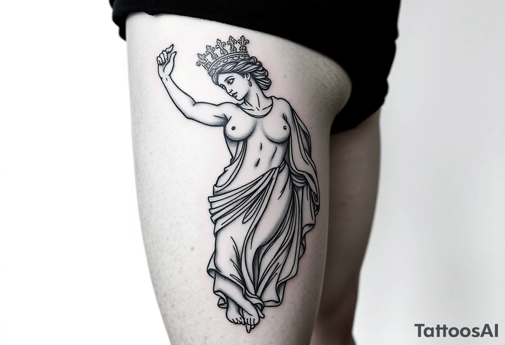 outer thigh tattoo greek sculpture athena, fine line tattoo idea