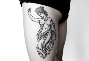 outer thigh tattoo greek sculpture athena, fine line tattoo idea