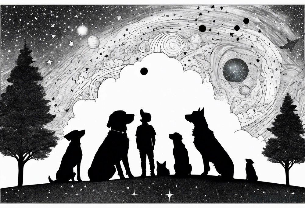 Me and my 3 dogs as silhouettes looking up at a night sky with galaxies comets and other space elements tattoo idea