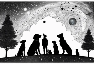 Me and my 3 dogs as silhouettes looking up at a night sky with galaxies comets and other space elements tattoo idea