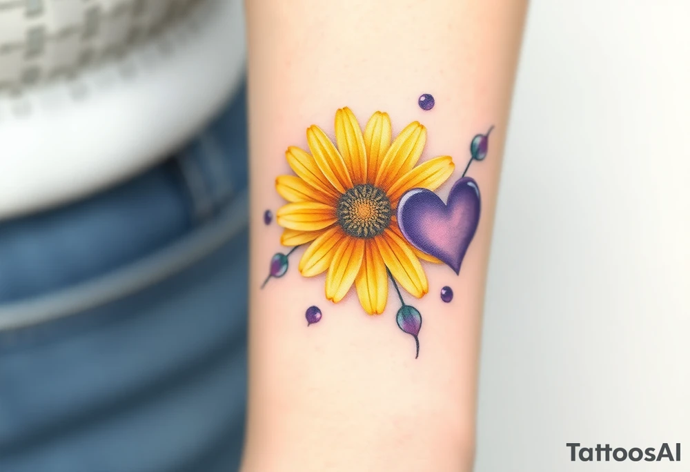 Yellow daisy flower with Purple Hearts tattoo idea