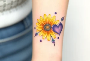 Yellow daisy flower with Purple Hearts tattoo idea