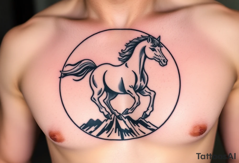 A golden mustang horse with black hair and legs in a circle where the mountain or nature is its contour to accompany the animal in full movement, running like a soul leading the devil. tattoo idea