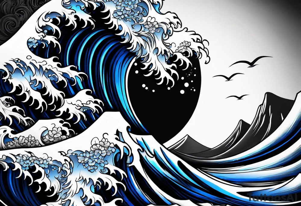 Full sleeve waves black with blue accent struggle perseverance tattoo idea