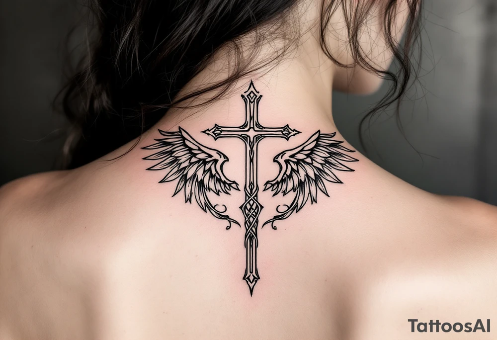 A mimimalist Celtic cross with angel wings unfolding behind it tattoo idea