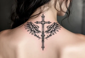 A mimimalist Celtic cross with angel wings unfolding behind it tattoo idea