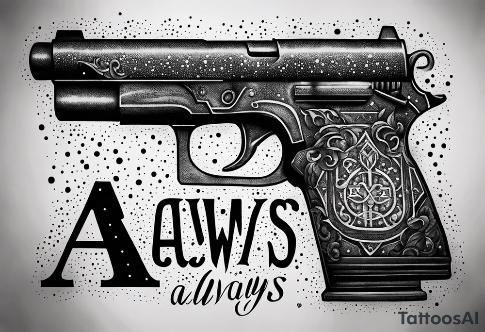 The letters AR with a pistol on each side and the word always on the top and ready on the bottom tattoo idea