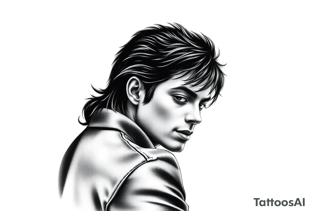 A photorealistic black and grey tattoo design of Michael Jackson's face, realism style, capturing the Bad and Dangerous era, perfect shading, studio lighting, detailed hair and clothing textures, designed for an upper arm placement, isolated on a white background tattoo idea