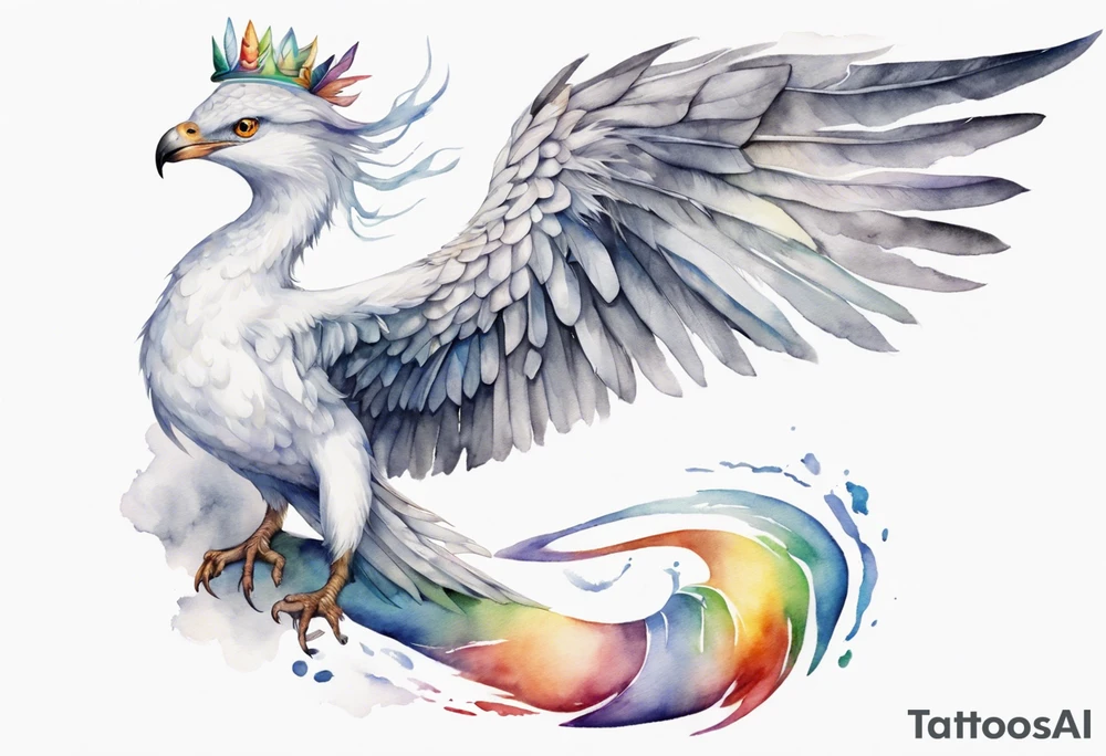 a watercolor of a white bird-serpent hybrid wearing a grey crown, with rainbow wing feathers, flying in the sky tattoo idea