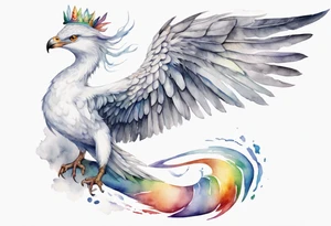 a watercolor of a white bird-serpent hybrid wearing a grey crown, with rainbow wing feathers, flying in the sky tattoo idea