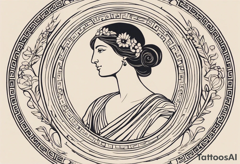 "Craft a minimalist round tattoo inspired by ancient Greek art, featuring Clio, the muse of history and lyre-playing. Design a circular composition with Clio depicted in the center, holding a scroll and a lyre. Surround her with simple yet symbolic elements such as laurel wreaths, scrolls, or geometric patterns reminiscent of ancient Greek pottery. Ensure the design maintains a minimalist style, with clean lines and limited detail, while capturing the essence of Clio's affinity for knowledge and the arts within the circular frame." tattoo idea
