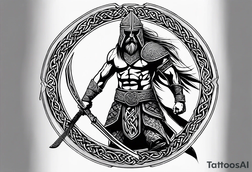 Sideways facing full body shot of a Celtic warrior with weapons unsheathed tattoo idea