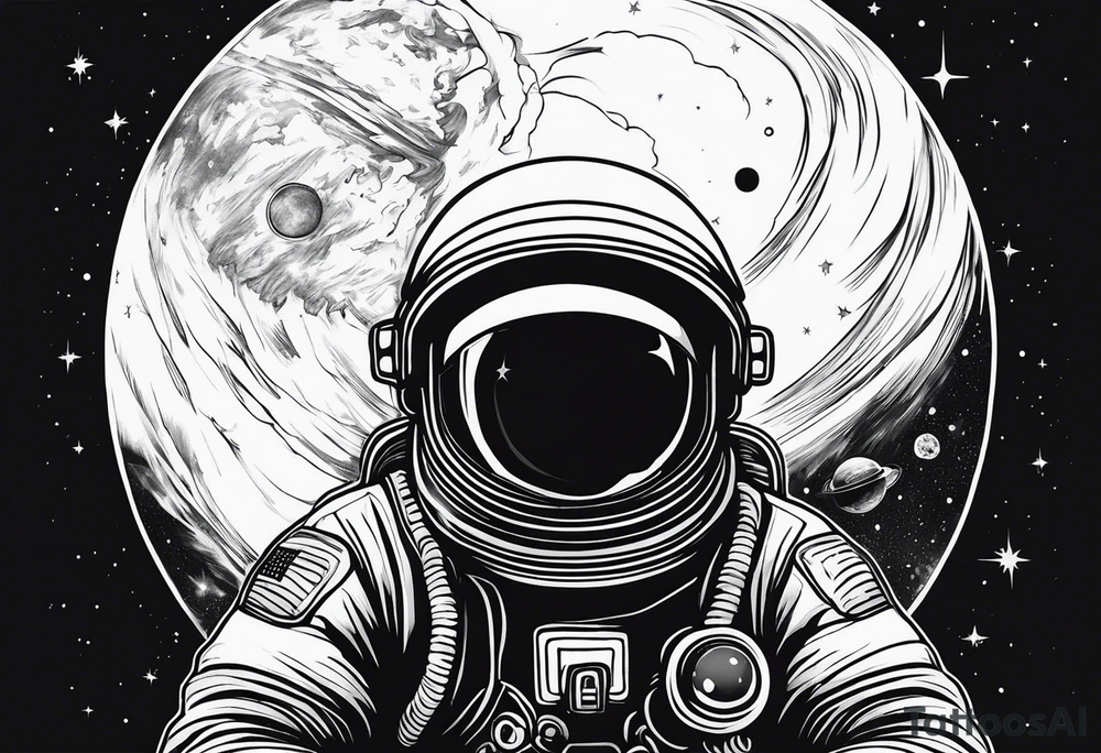 an astronaut hunched over in space from the back holding a planet in his hands tattoo idea