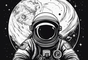 an astronaut hunched over in space from the back holding a planet in his hands tattoo idea