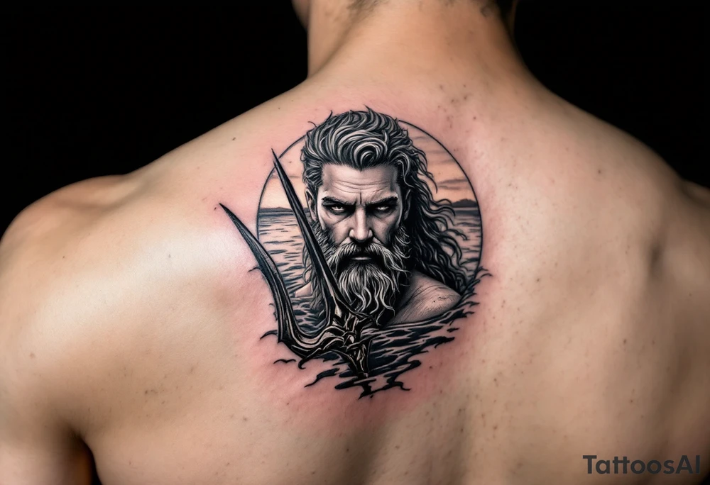 trident with Poseidon half way under calm water at sunset tattoo idea