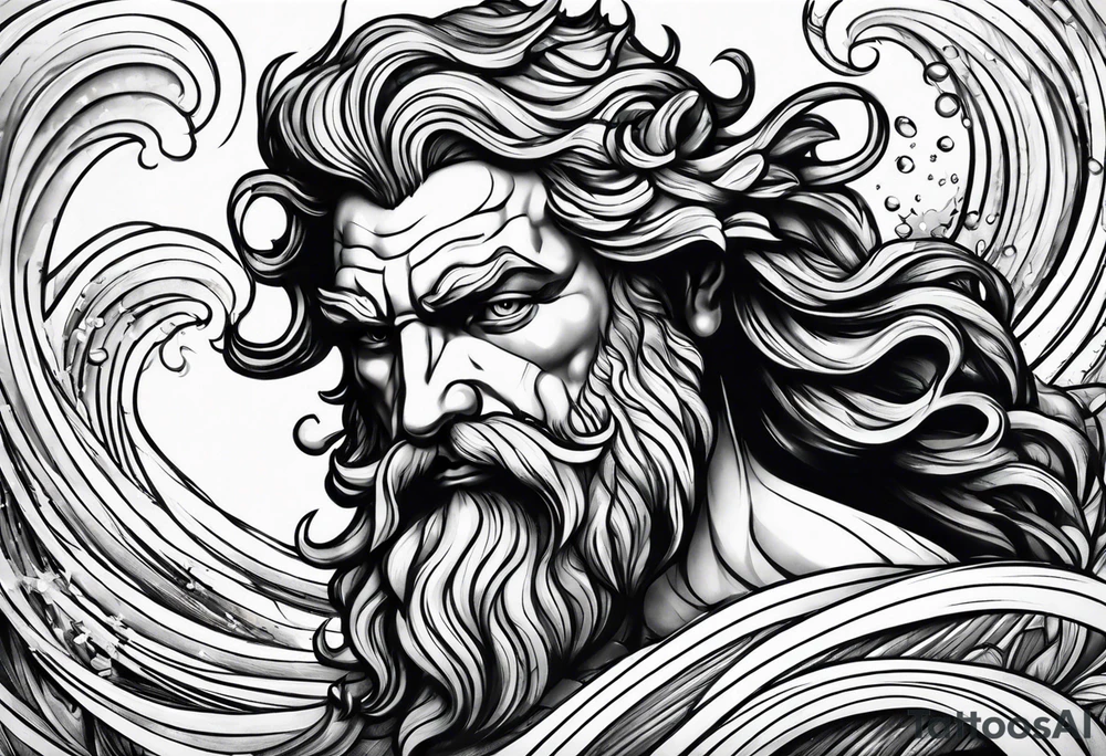 poseidon with waves close up tattoo idea