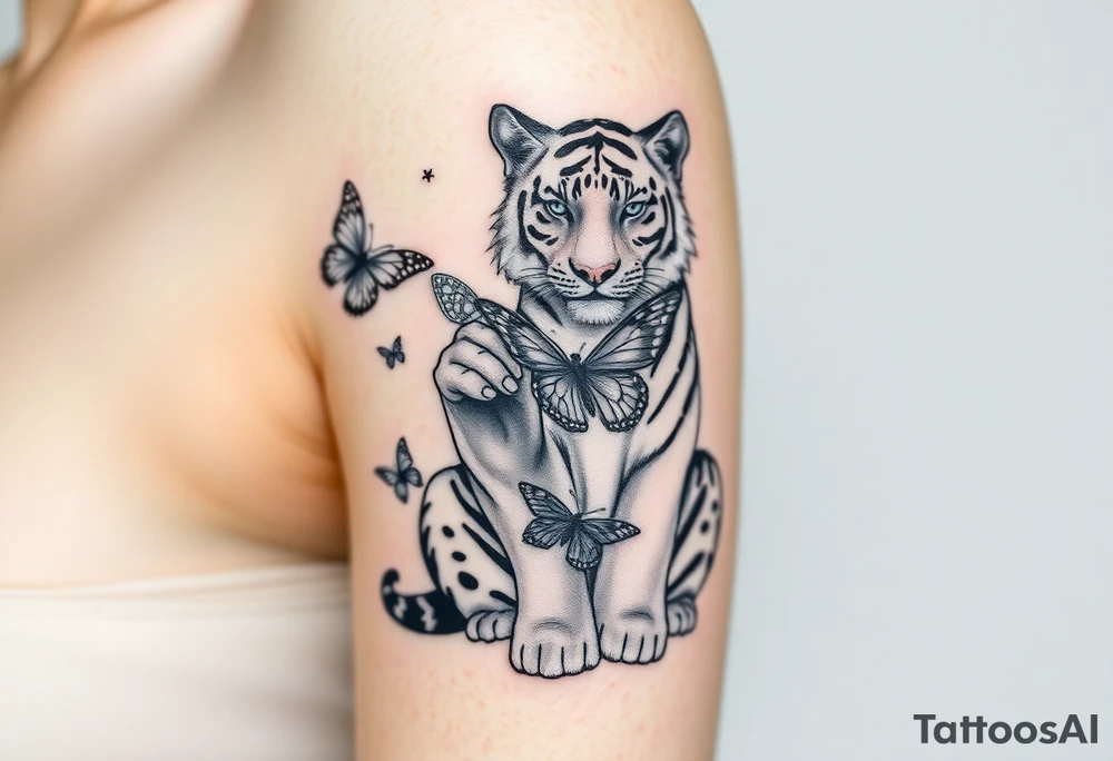Tiger sitting down with paw up and on the paw is sitting a butterfly and there’s two butterflies on each side tattoo idea