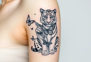 Tiger sitting down with paw up and on the paw is sitting a butterfly and there’s two butterflies on each side tattoo idea