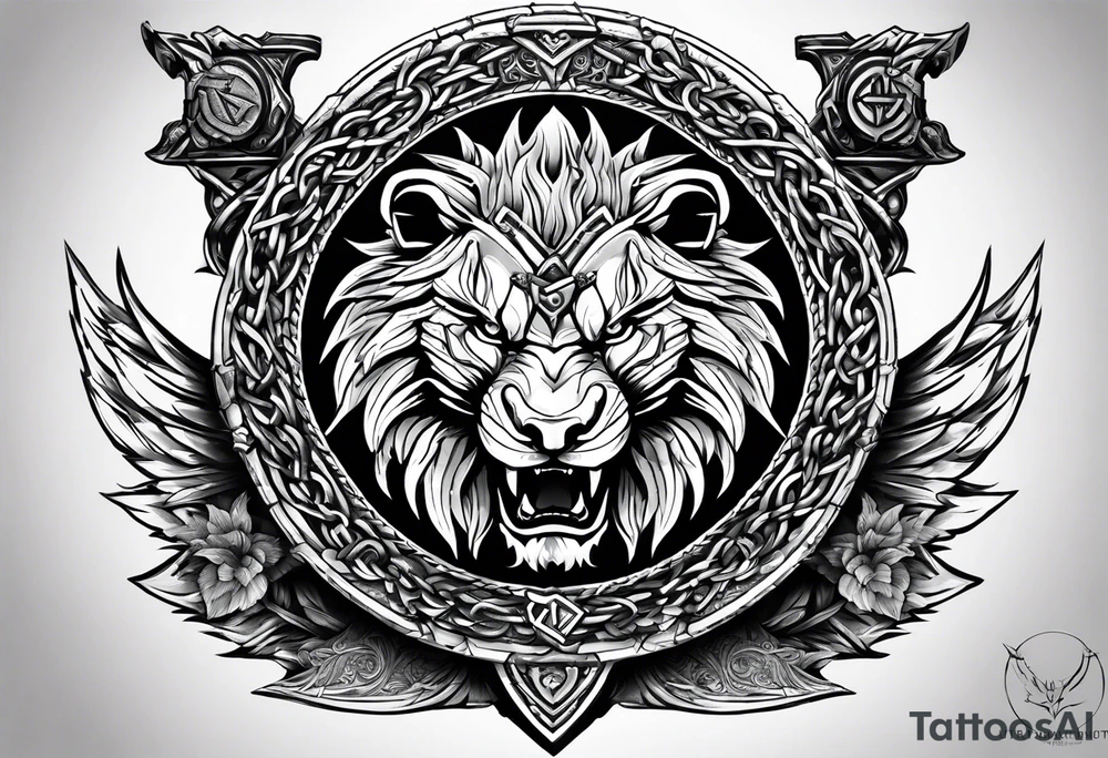Valhalla sword shield dragon axe Valknut barbed wire chains lion tattoo idea