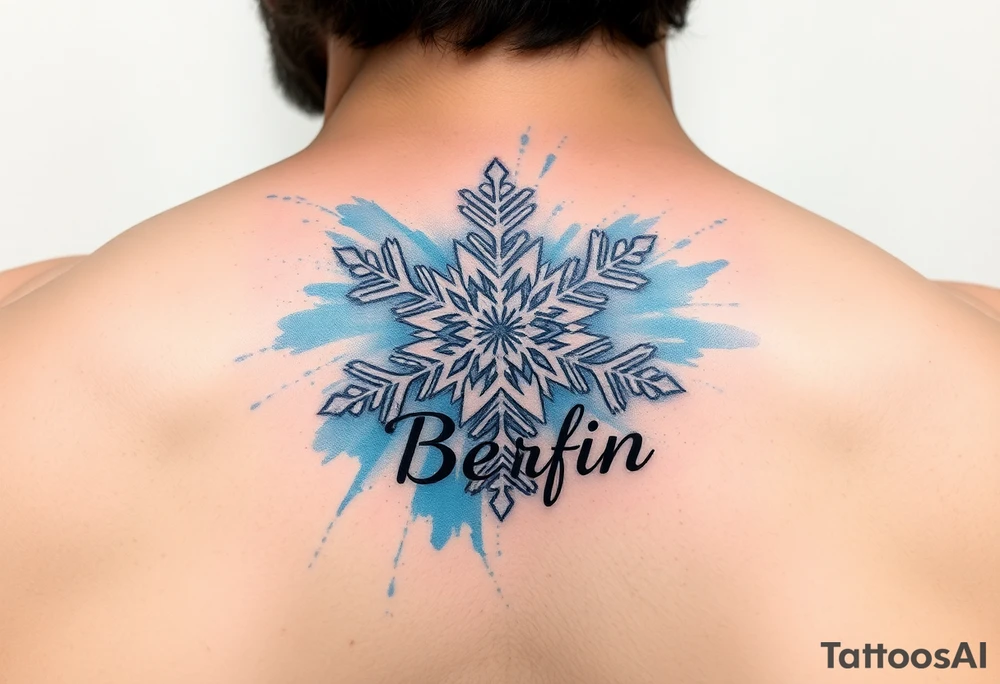 A white snowflake on Blue watercolor backround and the name „Berfin“ in it tattoo idea