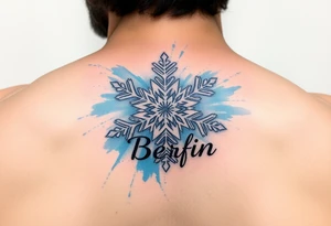A white snowflake on Blue watercolor backround and the name „Berfin“ in it tattoo idea