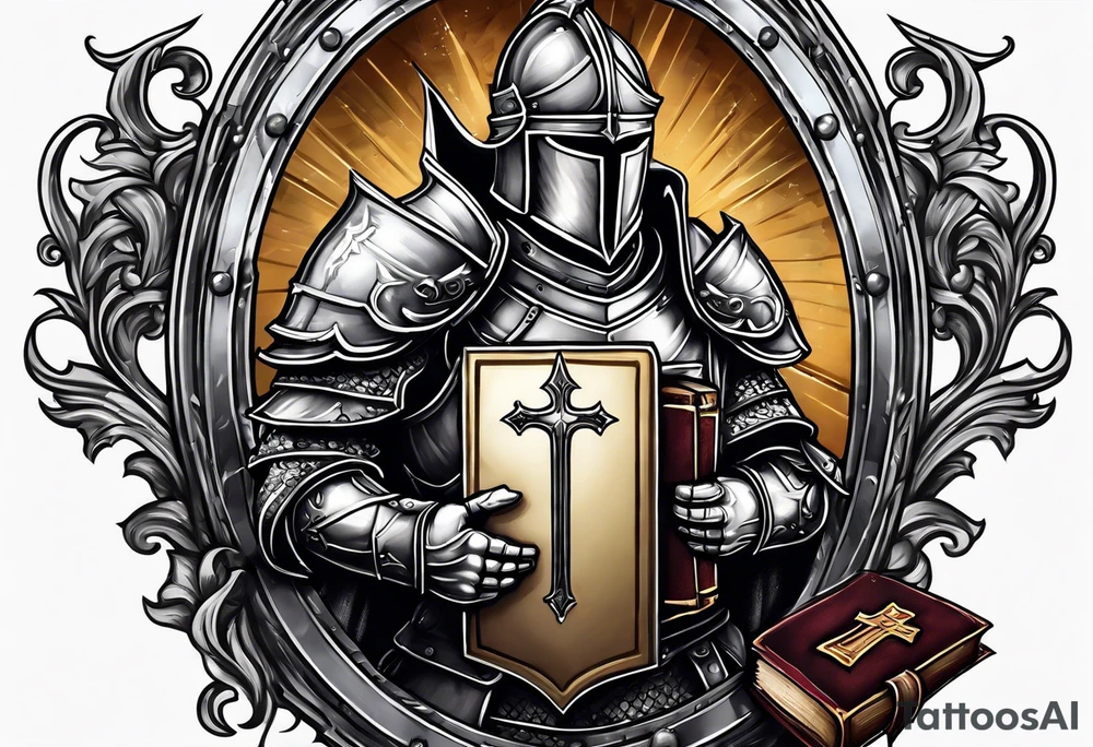 a knight with a bible on his shield tattoo idea