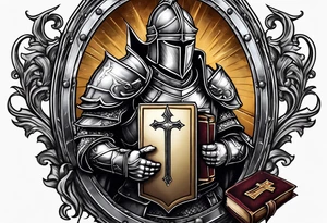 a knight with a bible on his shield tattoo idea