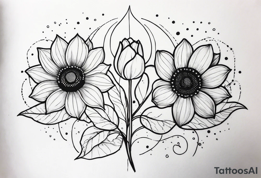 two tulips either side with a sunflower in the middle with some leaves and surrounded by some small dots tattoo idea