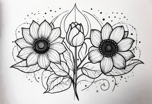 two tulips either side with a sunflower in the middle with some leaves and surrounded by some small dots tattoo idea